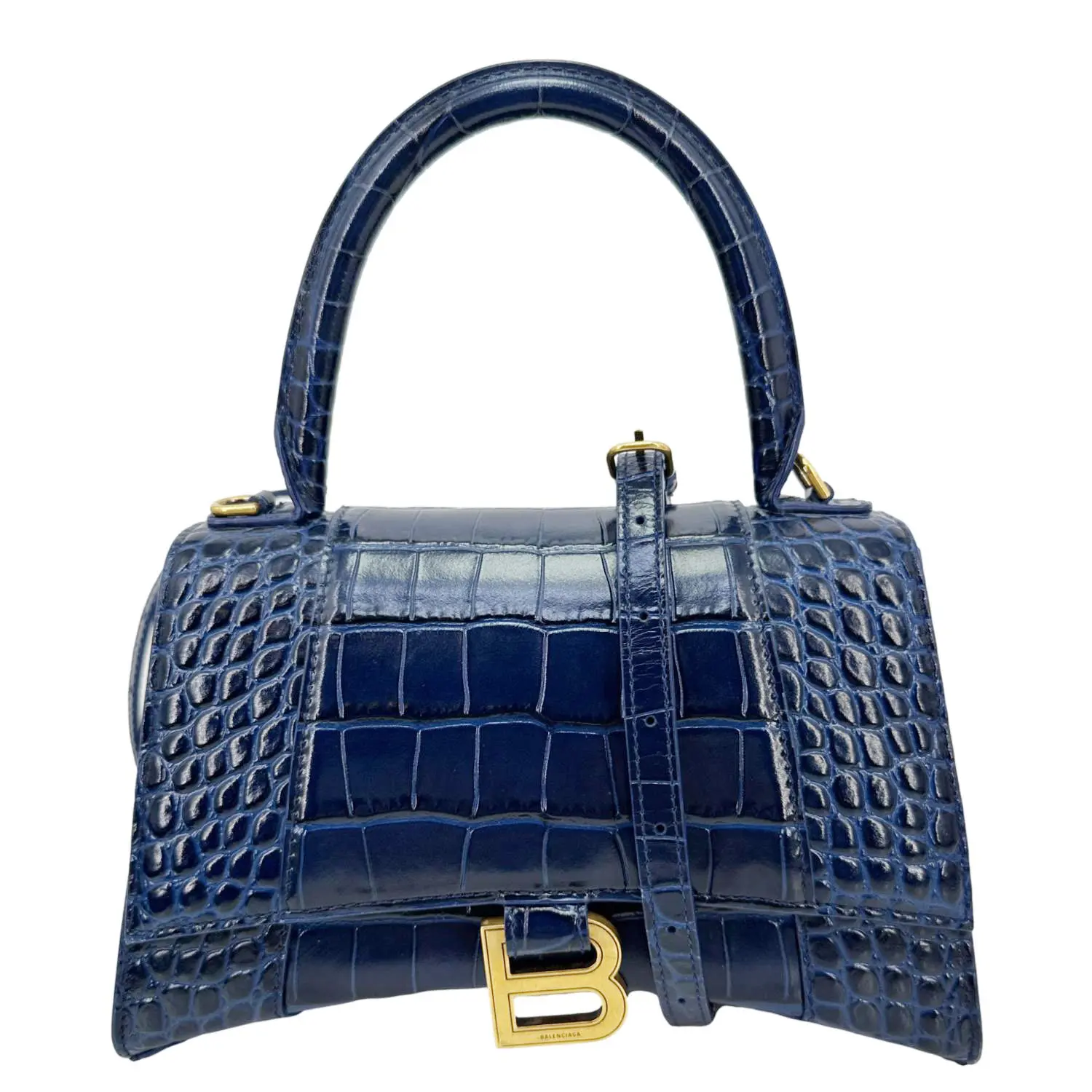 Pre-owned Balenciaga Leather Shoulder Bags Hourglass Small Crocodile Embossed Top Handle Shoulder Bag Blue