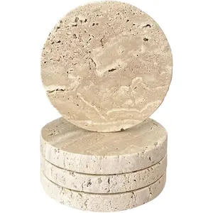 Set of 4 beige marble coasters — 4-inch round stone drink coasters with non-slip cork backing, absorbent desktop protectors suitable for coffee, wine, and tea — marble pattern and holes, compatible with wooden/granite tables