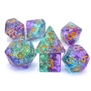 7-Piece Fairy Green & Purple DND RPG Dice Set, Resin Set with Gold Leaf Glitter, Sparkly Look for Dungeons Dragons and Pathfinder Enthusiasts