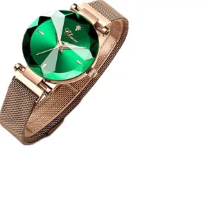 Chenxi Green Crystal Dial Watch with Rose Gold Mesh Strap for Women Elegant Fashion Accessory