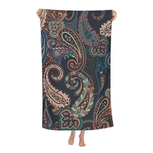 One piece of dark night paisley exotic beach towel, with blue-green-pink contrast paisley and totem patterns, an excellent anniversary gift for partners, unisex multi-purpose beach and bath towel, ideal for the beach, pool, bathroom and camping.