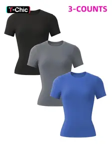 Women's Solid Round Neck Tee, Casual Crew Neck Short Sleeve Fitted T-Shirt for Daily Outdoor Wear, Ladies Clothes for All Seasons