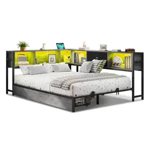 Sikaic LED Daybed with Storage Drawers and Bookcase Headboard Modern Metal Platform Corner Bed Frame with Charging Station and LED Lights