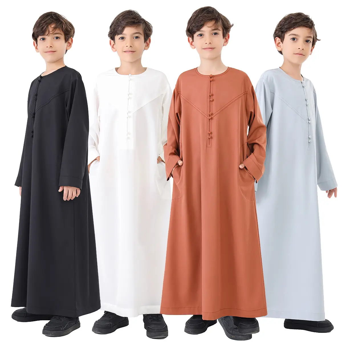Boys' Solid-Color Buttoned Robe - Polyester-Blend Fabric for Daily Casual Wear Long Sleeve Arabic Boys Thobe