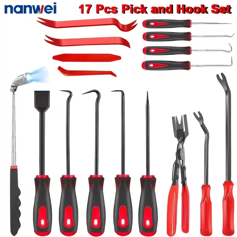 Nanwei 17-Piece Auto Trim Removal & Terminal Extractor Tool Set - Car Interior Disassembly Kit with Pry Tools, Clip Pliers, Stereo Release Keys, Carrying Bag for Dashboard, Door Panel Repairs