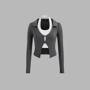 Cider [size 2-26] Halter Two Tone Long Sleeve Crop Top