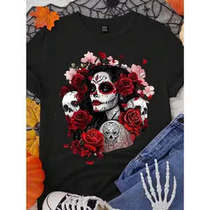 SHEIN Essnce Catrina Shirt,Dia De Los Muertos Shirt,Day Of The Dead,Mexican Shirt,Flower Skull Shirt,Casual Minimalist Skull Graphic Print Loose Fit Round Neck Short Sleeve Women T-Shirt, Suitable For Summer Suitable For Going Out Halloween