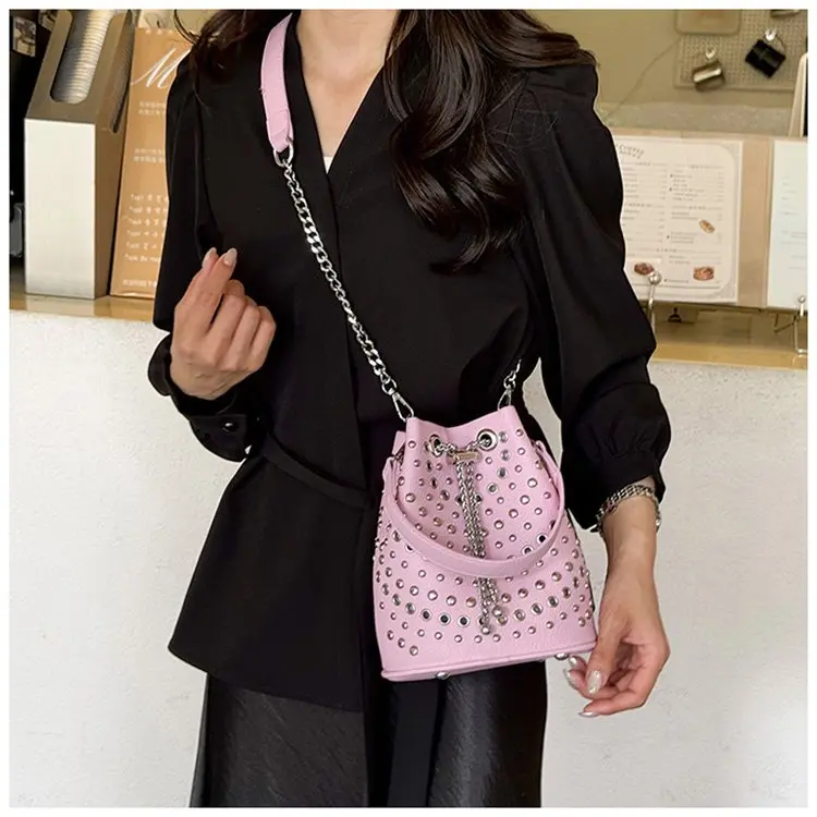 Full Silver Studded Drawstring Bucket Bag, Dual Carry Short Top Handle Detachable Metal Chain Crossbody Strap Vintage Rivet Decor Women Casual Shoulder Purse