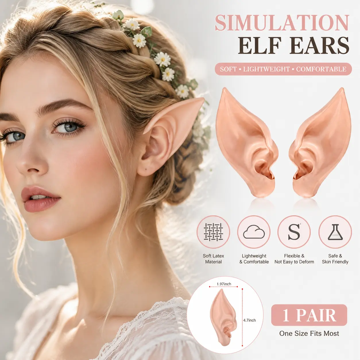 1-Pair 4.7in Comfortable Lightweight Latex Simulation Elf Ears Set, Magical Cosplay Ear Covers, Christmas Halloween Costume Accessory, Fantasy Party Prop