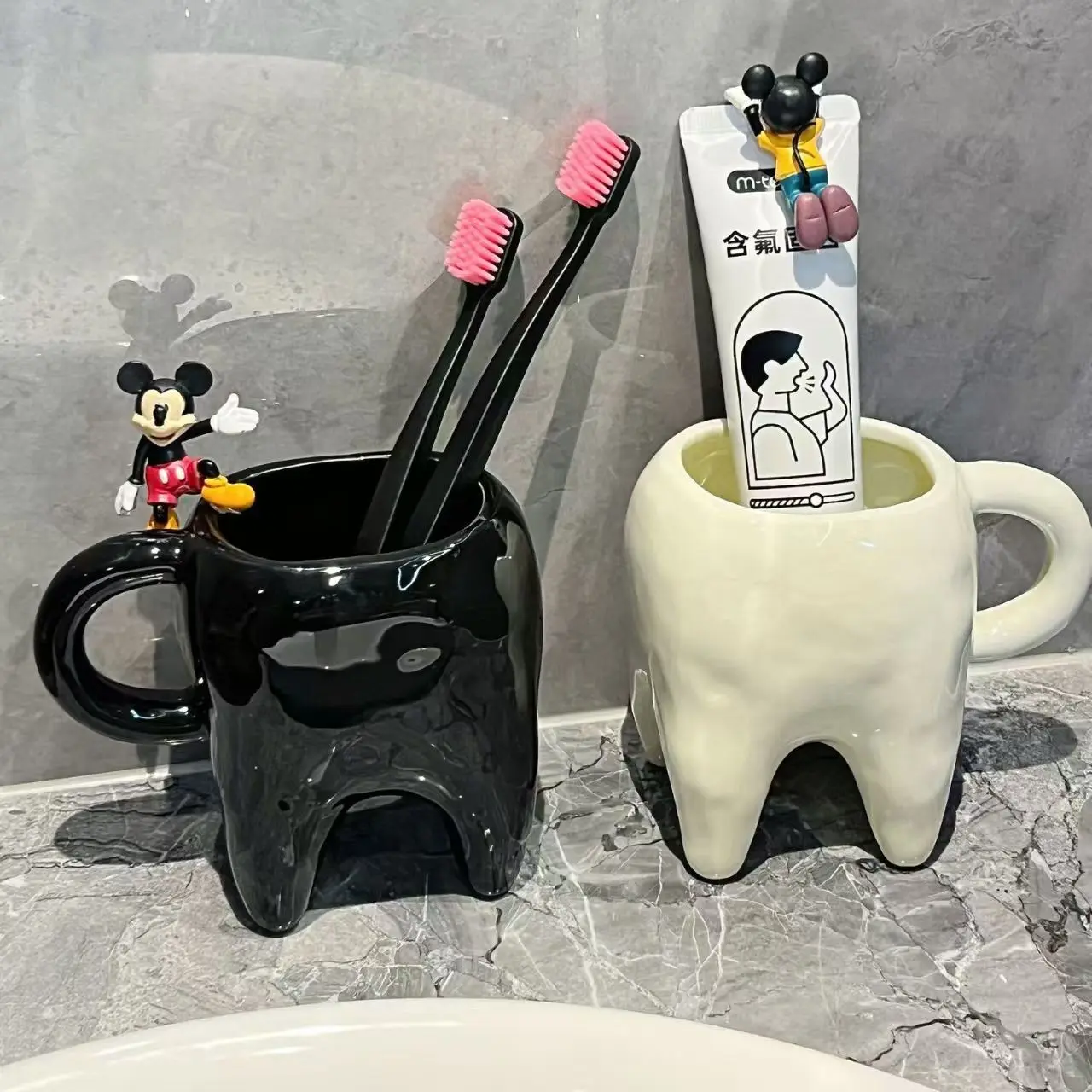 Creative Ceramic Toothbrush Cup Set, Couple Brushing Cups, Simple Cute Design, Home Use, Dental Care Essentials, Bathroom Accessory