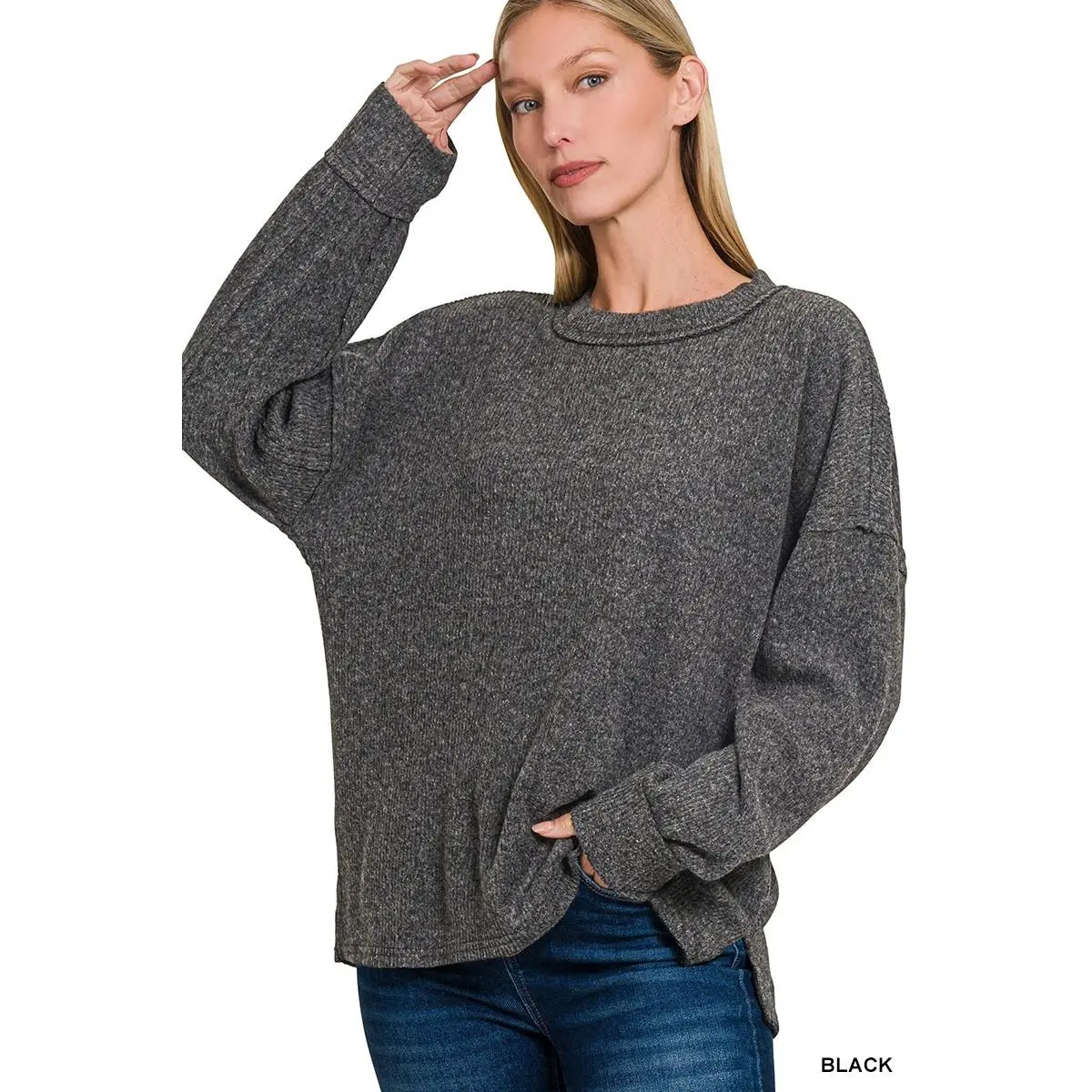 Zenana Full Size Brushed Ribbed Hacci Drop Shoulder Sweater Plus Size