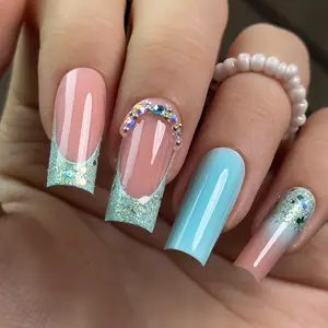 Blue French Tip Press On Nails | CurvLife Nail | 30pcs Medium Square Fake Nails | Crystal Glitter Accent Design | Easy Apply, Comfortable & Durable | Daily, Business & Party Nail Art