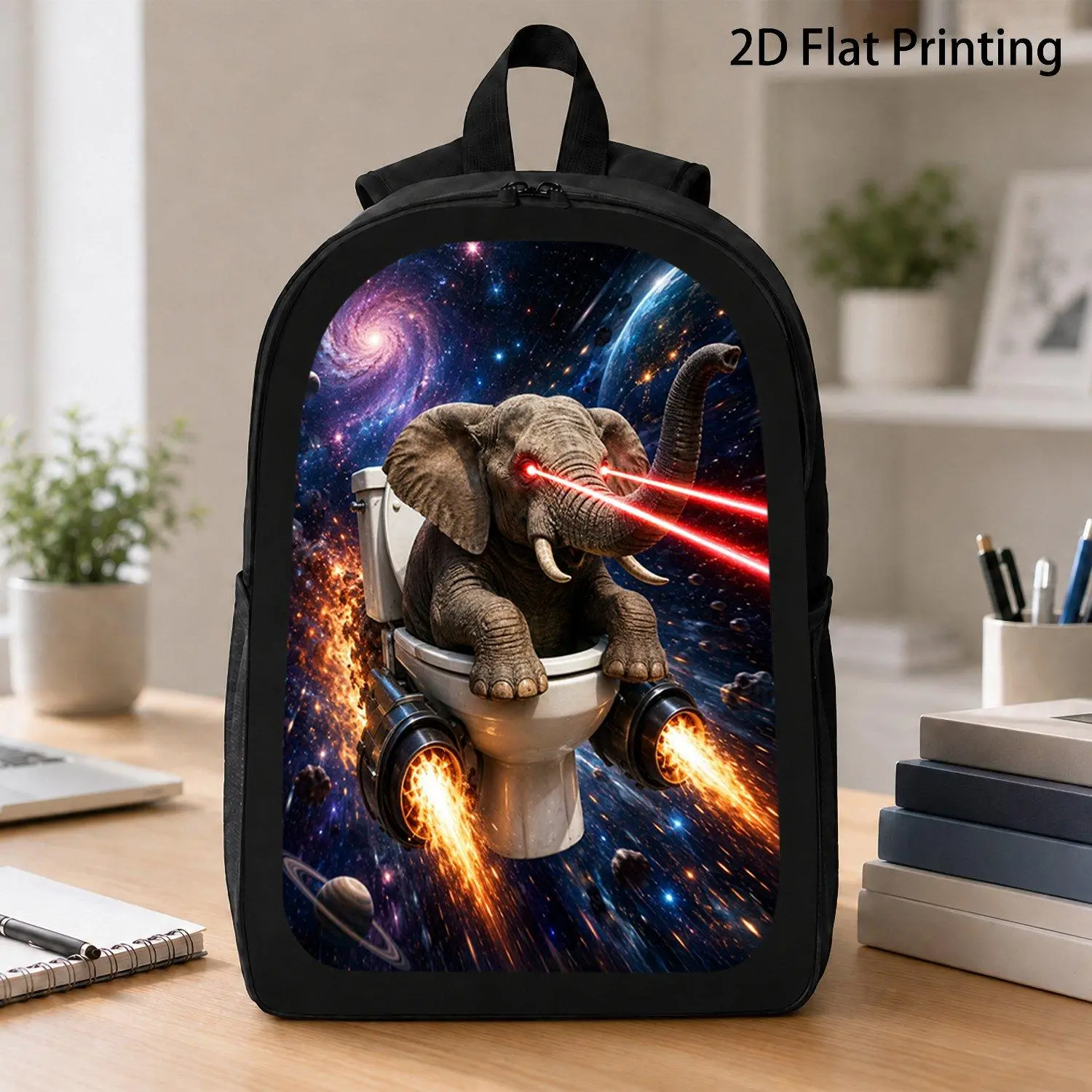 17 Inch Laser Eyes Elephant Space Rocket Toilet Graphic Backpack Cosmic Animal Meme Large Capacity Travel School Bag Durable Stylish Backpack