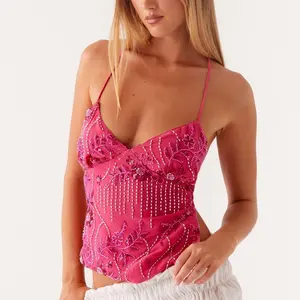 Womens Sequin Sparkle Halter Crop Tops Sexy Pearl Embellished Cami Tank Tops Y2k Bling Glitter Rhinestone Camisole Summer Womenswear Bottoms Comfortable Essential