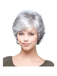 Women's Short Fluffy Wig, Silver Color, Layered Synthetic Hair, Mixed, Straight Style, with Bangs, Perfect Gift for Holidays