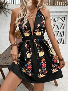 Women's Sleeveless Deep V Neck Floral Print Dress, Womenswear, Summer Vacation Style, Casual Fashion, Perfect for Parties and Daily Wear