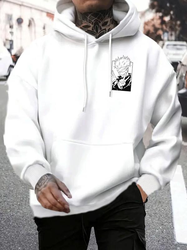 Men's White 'Jujutsu Kaisen Gojo Satoru Black & White Anime Graphic' Oversized Hoodie - Streetwear Anime Casual Pullover, Featuring Iconic Gojo Satoru from Jujutsu Kaisen with Bold Line Art Design, Ideal for Anime Enthusiasts, Graphic Print Hoodie