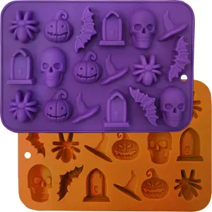 Halloween Molds Silicone for Chocolate 2 Pack, 3D Halloween Chocolate Candy Gummy Mold Skull Pumpkin Bat Ghost Witch Hat Spider tombstone Shapes Mold Kitchen Peace