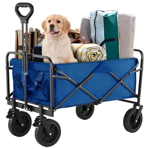 Collapsible Foldable Wagon Cart, Large Capacity Garden Beach Cart with All-Terrain Wheels, Heavy Duty Utility Grocery Wagon with Drink Holders for Shopping Sports Camping - 35IN Blue