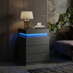 Modern 3 Drawer Nightstand With Charging Station LED Light Sliding Top Hidden Storage WPC Space Saving Bedside End Table Multi Style Accent Furniture Easy Assembly For Bedroom Living Room Home Decor