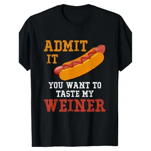 Men's Funny "Admit It You Want to Taste My Weiner" Graphic T-Shirt - Black Soft Relaxed Fit Short Sleeve Tee with Distressed Hot Dog Design, Machine Washable Casual Humor Apparel, Seasonal Fashion, Bold Text Design, Playful Shirt, Digital Print Shirt