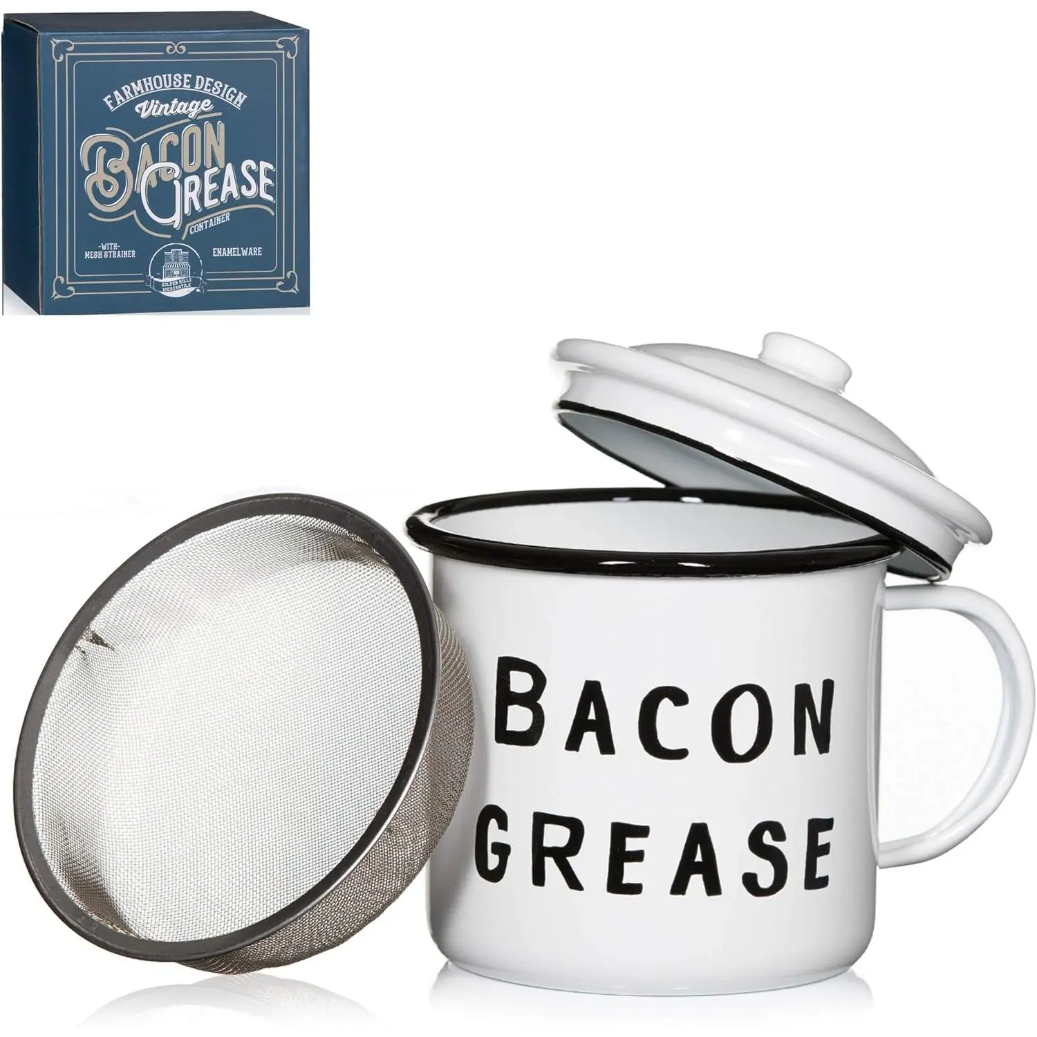 Bacon Grease Saver with strainer - rustic mid-century modern farmhouse design, white enamel on metal, 4 inch x 4 inch vintage enamelware with lid (Black)