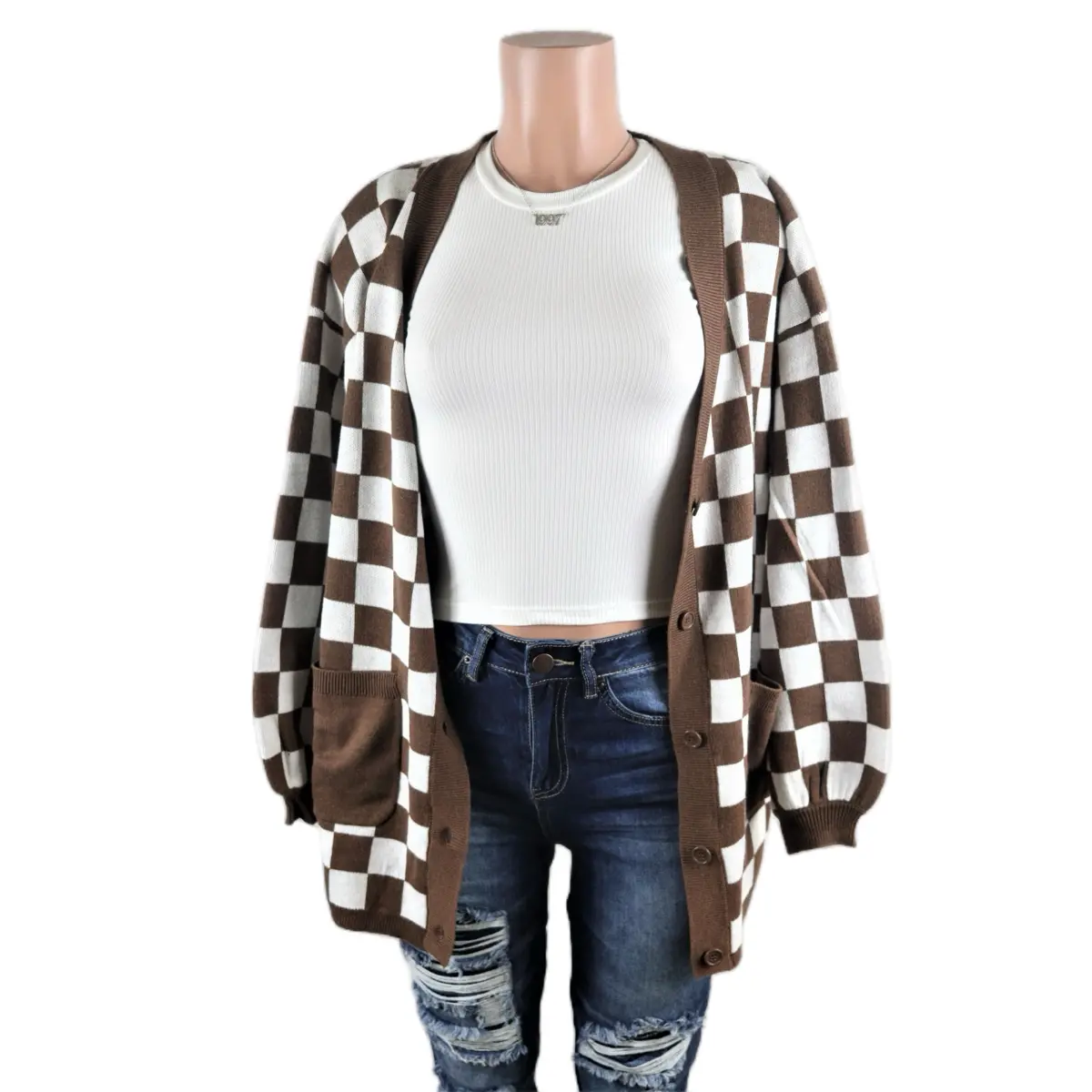 Brown Checkered Cardigan pocket Long Sleeve Womenswear   checkered