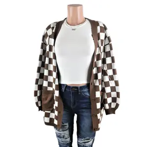 Brown Checkered Cardigan pocket Long Sleeve Womenswear   checkered