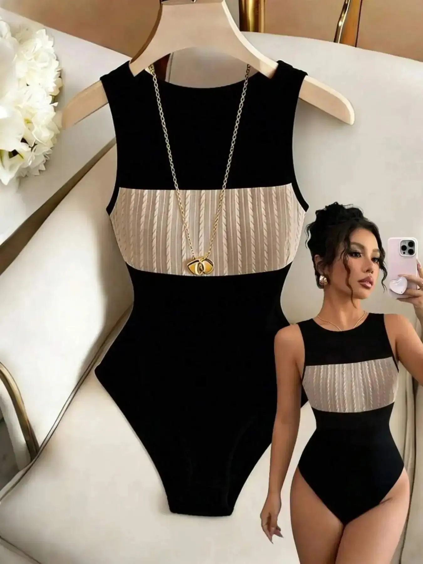Flattering Knitted Sleeveless Round-Neck Colorblock Patchwork Fitted Bodysuit Top, Casual Yet Elegant Vacation and Party Womenswear, effortless layering, chic everyday, refined casual