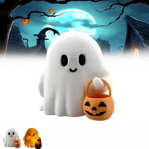 Cute Tiny Trick or Treat Ghost 3D Printed Halloween Figurine with Mini Pumpkin Bucket Perfect Tabletop Home Decor for Halloween