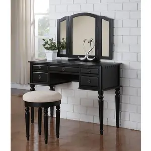 Victorian Vintage Furniture Wood Vanity Set with Mirror and Stool in Black Color