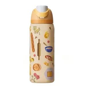 32oz Cute Brunch Print Insulated Water Bottle, Leak-Proof Flip Straw Lid, Stainless Steel Tumbler for Coffee, Tea & Cold Drinks, Great Gift for Bakery Lovers