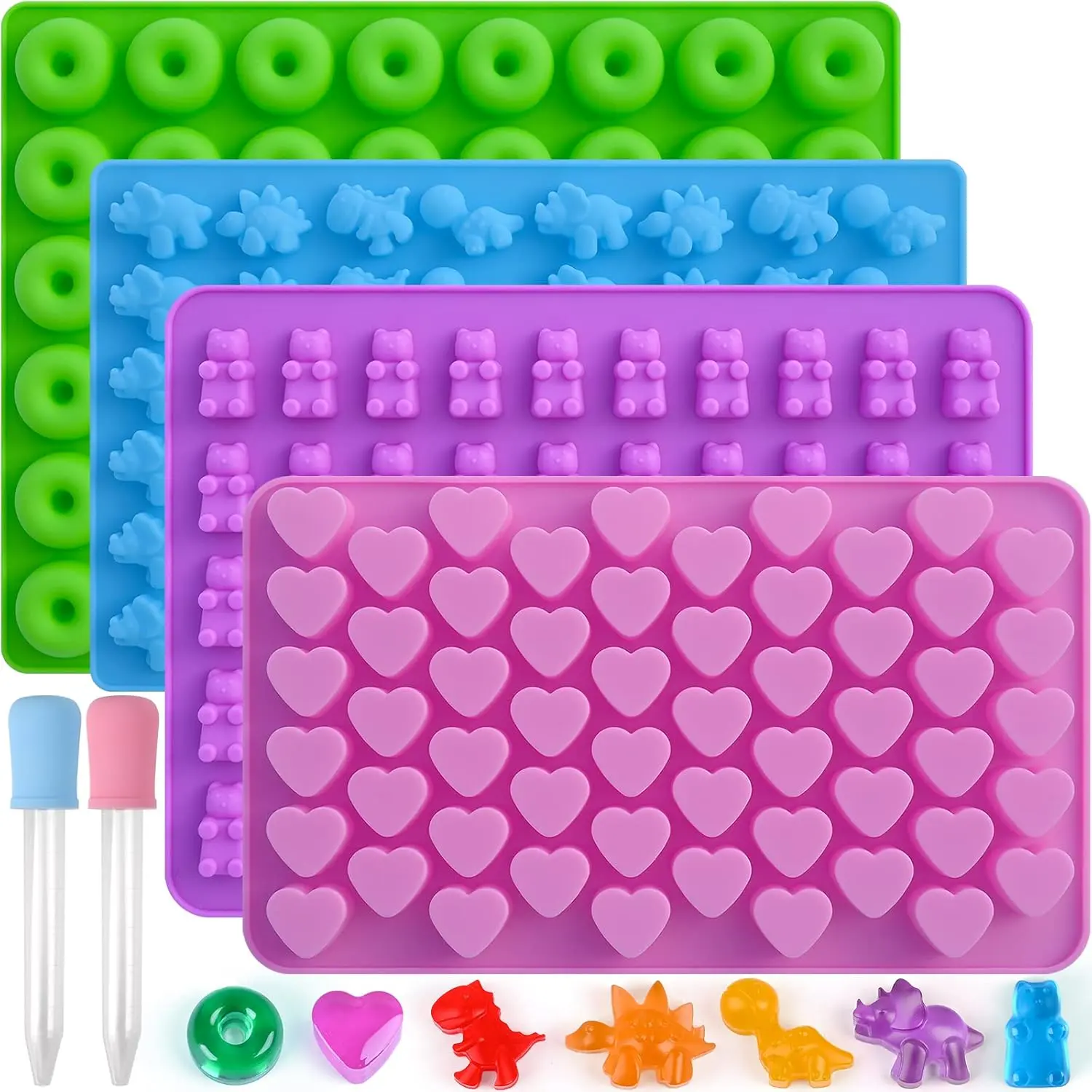 4Pcs Silicone Gummy Candy Molds with 2Pcs Droppers,Mini Non-Stick Silicone Baking Molds Including Dinosaur Bear Hearts and Donut Gummie Chocolate Mold Party Christmas Favor Fruit Reusable