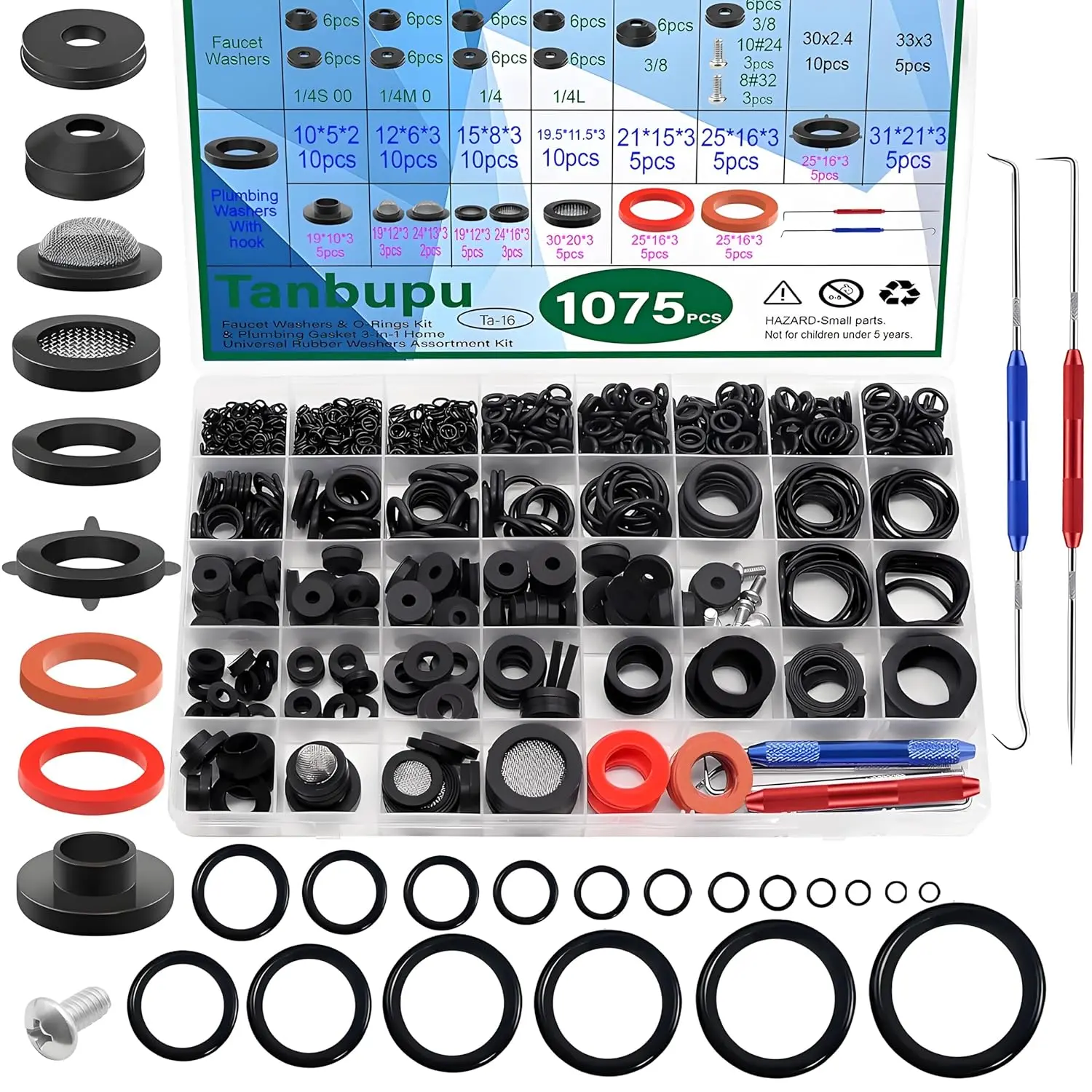 37 Sizes 1075 count Universal Plumbing Repair Kit Faucet washers & O-Rings & Sealing gaskets for Faucets, Hoses, Spigots and Other Home Plumbing fixtures with Pick Hook