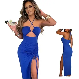 Sexy Halterneck Lace-up Split Dress Summer Y2K Fashion Party Baech Long Dresses For Womens Clotjing