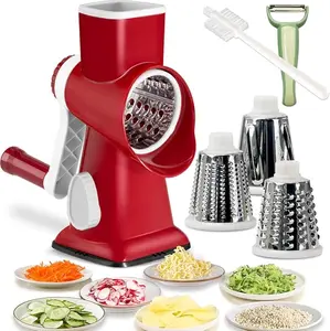 3-in-1 Rotary Cheese Grater & Vegetable Slicer – Safe Hand Crank Mandoline with Suction Base | Fast Kitchen Shredder Cutter