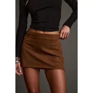 Women's Low-Waist Moxie Cognac Vegan Suede Mini Skirt, Zipper-Closure Women's Bottom with Flattering Fit