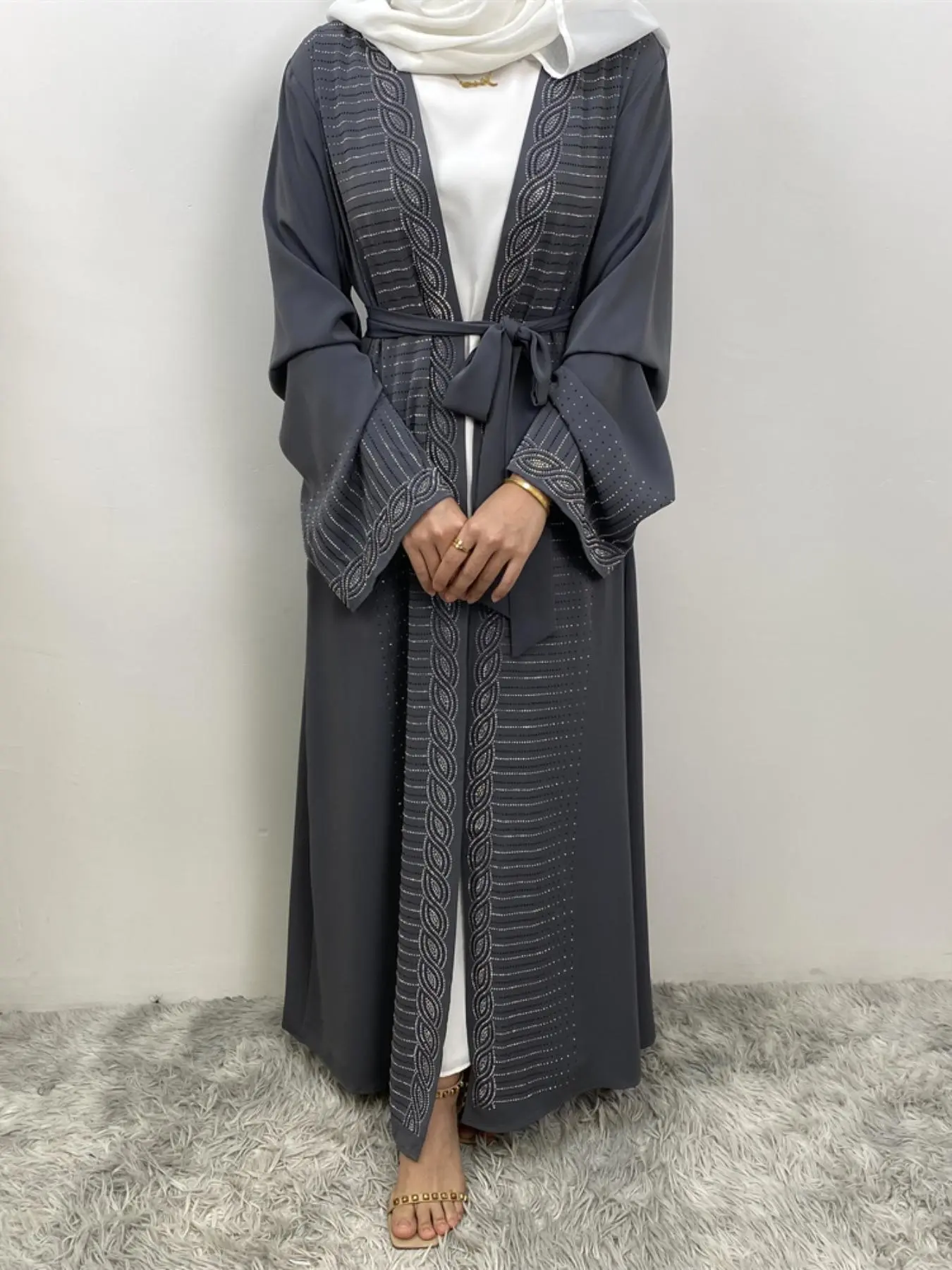 Women's Solid Color Abaya with Belt, Modest Casual Long Sleeve Open Front Abaya for Daily Wear, Ladies Islamic Clothing for All Seasons