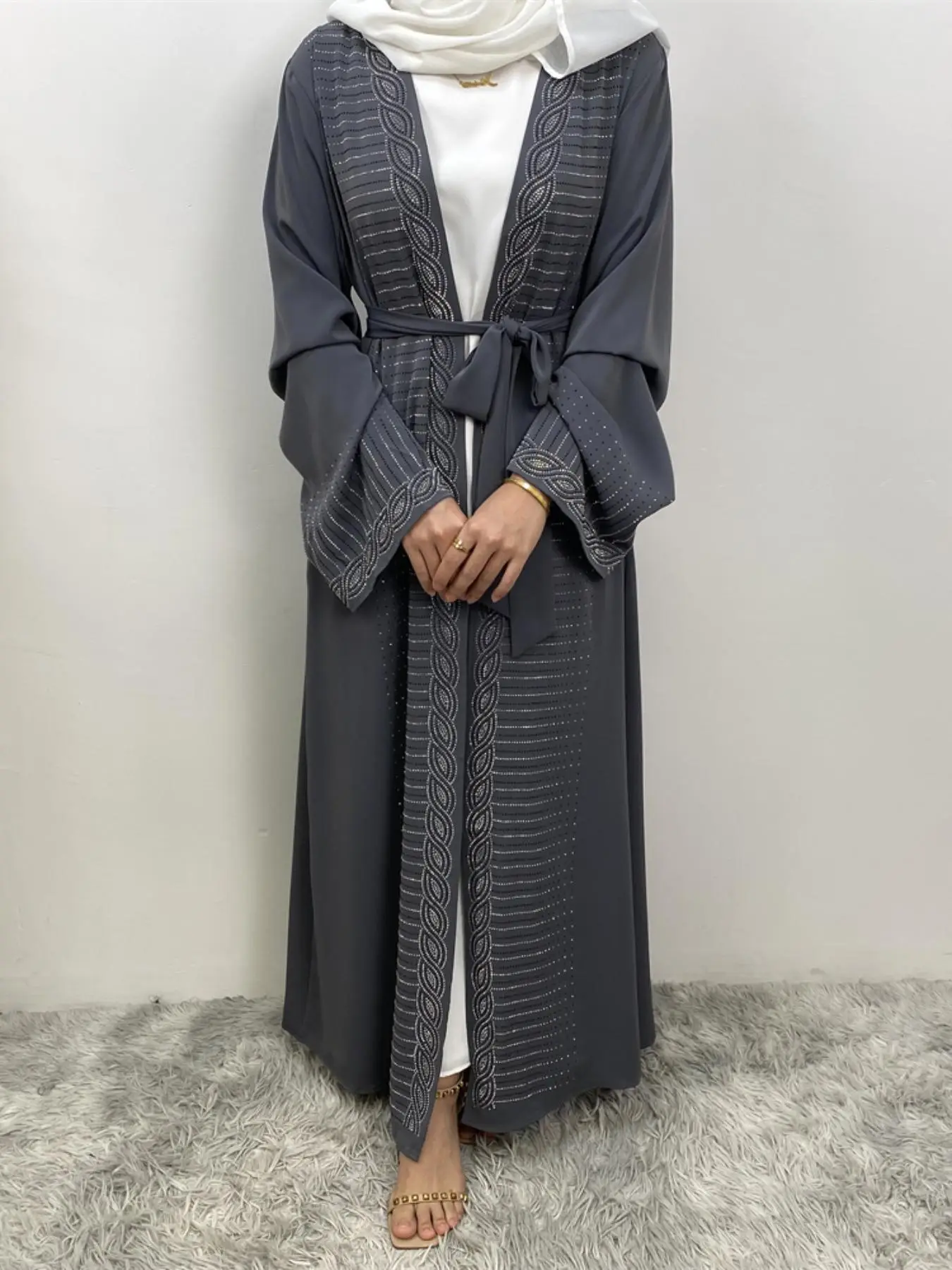 Women's Solid Color Abaya with Belt, Modest Casual Long Sleeve Open Front Abaya for Daily Wear, Ladies Islamic Clothing for All Seasons