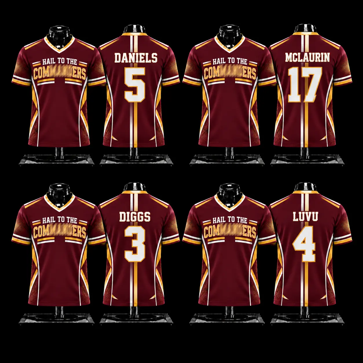 Jayden Daniels #5, Terry McLaurin #17, Diggs #3 & Frankie Luvu #4 Premium V-Neck Jersey, Hail to the Cmders Fans, Burgundy & Gold Fans, Washington Football Fans, Football Fans Apparel, Unisex Game Day Jersey, Gift For Football Lovers