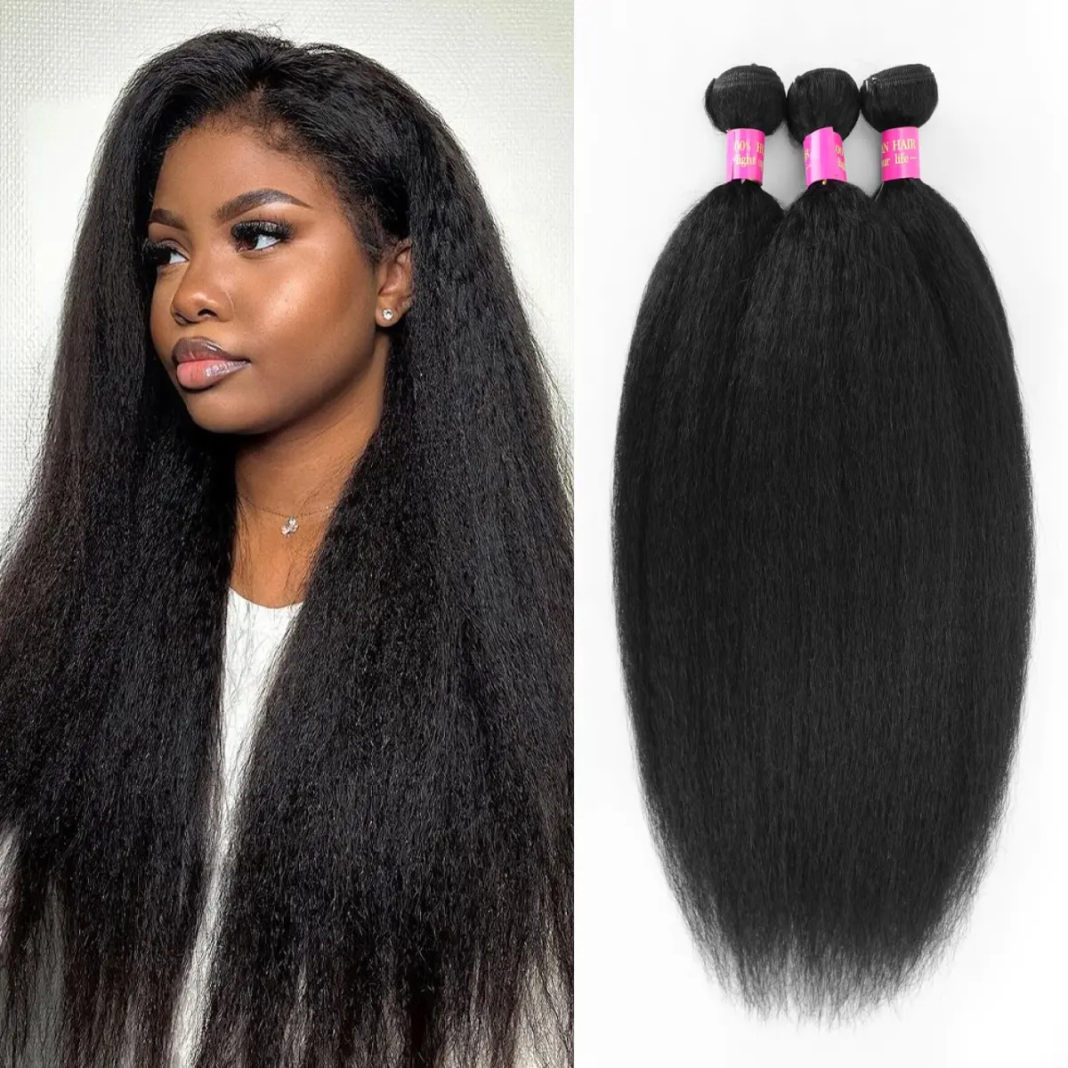 Kinky Straight Bundles Human Hair Yaki Straight Bundles 18 18 18 Inch 12A 100% Unprocessed Virgin Hair 3 Bundles, Kinkystraight Human Hair Bundles for Women, Full and Thick, No Shedding, Tangles Free