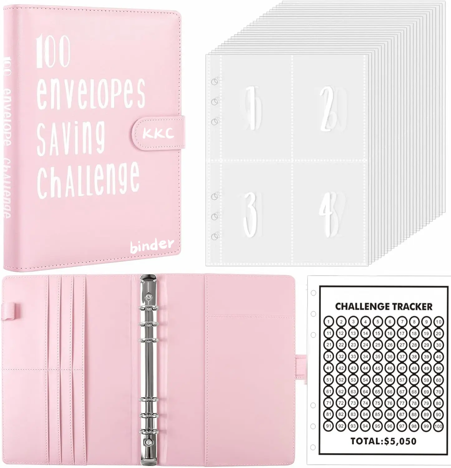 KKC 100-Envelope Savings Challenge Binder - Office Stationery Supplies, Savings Challenge Planner with Infinity Pencil for Easy Progress Tracking & Motivation Boost, Cute Work Accessory, Builds Savings Habit
