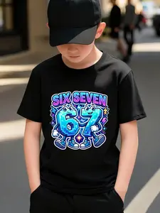 Kids' Black Summer Tee, Six Seven Neon Game-Style 67 Pixel Print, Cool Streetwear Must-Have#Kids T shirt #Game 67 Tee #Cartoon Print T shirt #Boys Outfits