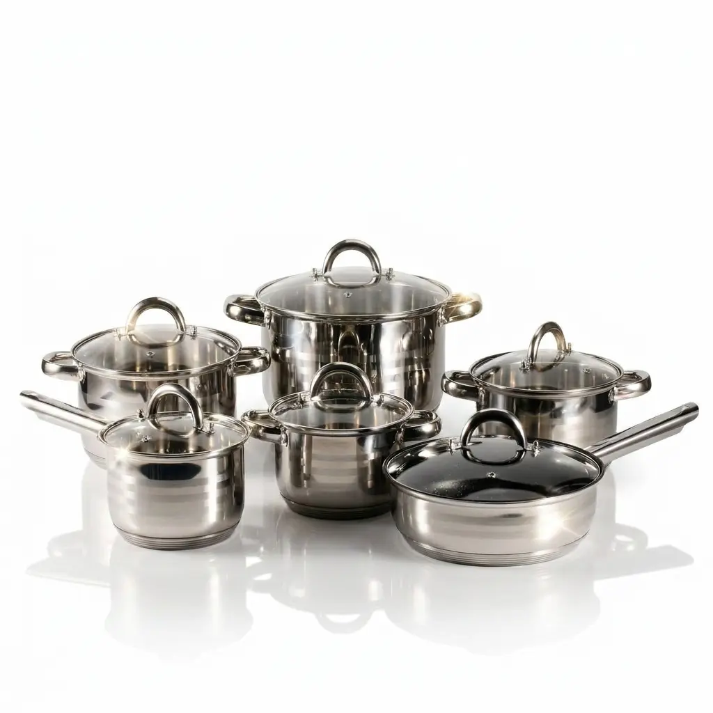 Multi-Size 6-Piece Stainless Steel Nonstick Pots and Pans Set - Transparent Tempered Glass Cover, Ergonomic Handles, Easy to Clean for Home Everyday Use (Stew, Soup Vessels & Frying Pan Included)