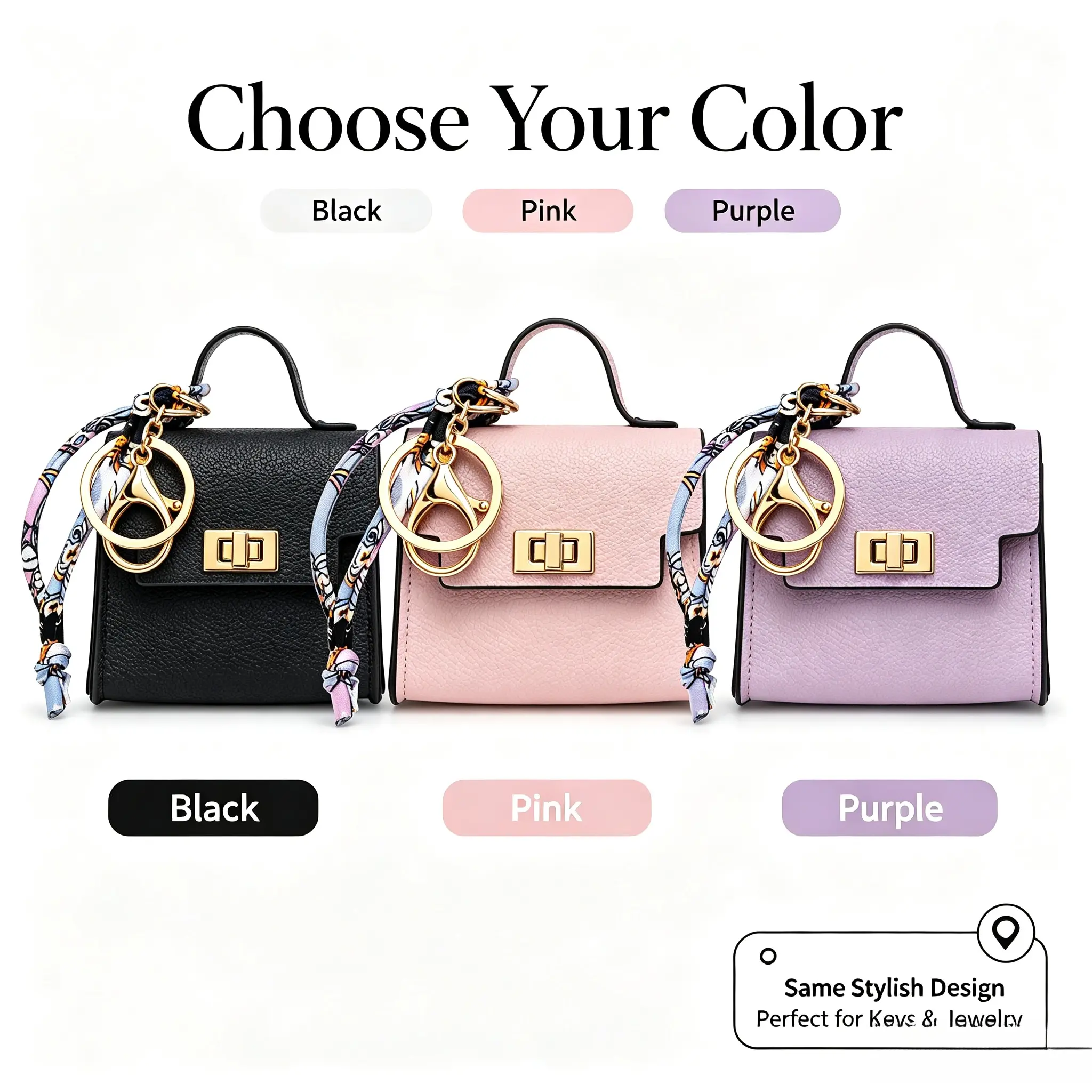 Mini Square Keychain Bag, Textured PU Leather Bag Charm Purse for Women Girls Daily Travel Outfit, Gold Lock Closure with Silk Scarf Keyring, Tiny Lipstick Earphone Storage Case Coin Pouch Fashion Handbag Pendant Aesthetic Gift