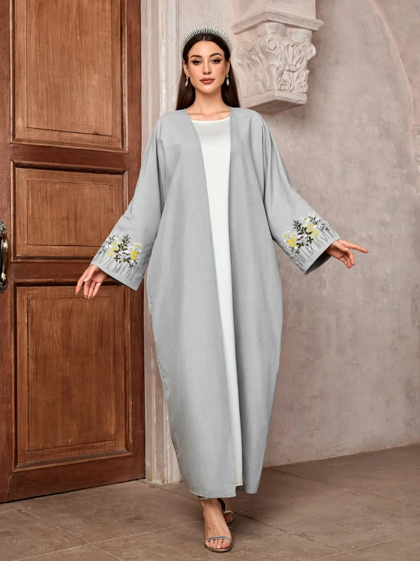 Women's Floral Embroidery Long Sleeve Open Front Abaya, Modest Elegant Maxi Abaya Modesty Dress for Party Holiday Vacation, Ladies Fall & Winter Cloth