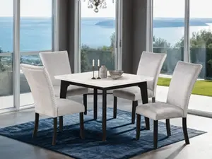 FM3330BK-ST-5PC 5 pc Sabro Black Finish Wood White Square Marble Top Dining Table Set with 4 Matching Chairs for Modern Home Decor