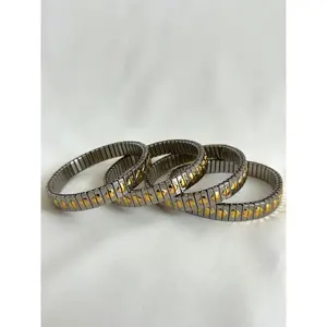 Silver Waterproof Stainless Steel Elastic Bracelet with Multiple Gold Heart Details
