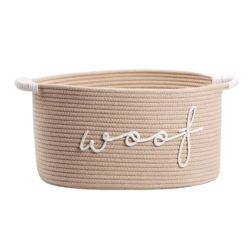 Pet-Specific Rope Storage Basket – Navy Blue Handle, 'Woof Woof' Embroidered Design, Stackable & Versatile Toy/Blanket/Leash Organizer (Ideal Pet Gift)