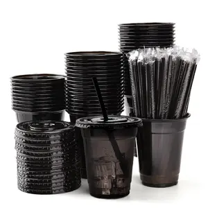 PLL 100 Set Black Plastic Cups with Lids and Straws 12 oz Disposable Drinking Clear Cups for Wedding Pink Birthday Party Supplies